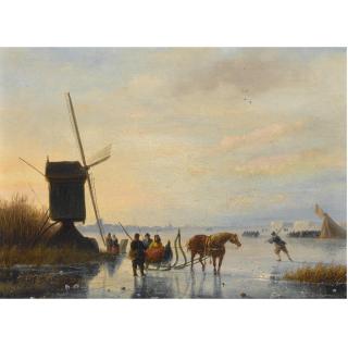 Nicolaas Johannes Roosenboom - A Horse And Sledge On The Ice, A \'Koek En Zopie\' In The Distance