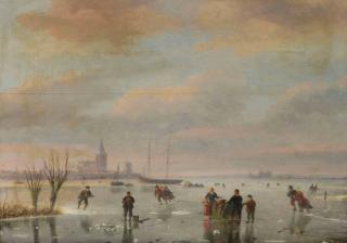 Nicolaas Johannes Roosenboom - A winter landscape with figures skating