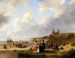 Nicolaas Johannes Roosenboom - Een strandgezicht bij Scheveningen: elegant figures on the beach on a summer day