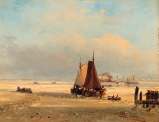 Nicolaas Johannes Roosenboom - Men on a jetty pulling a vessel through the ice