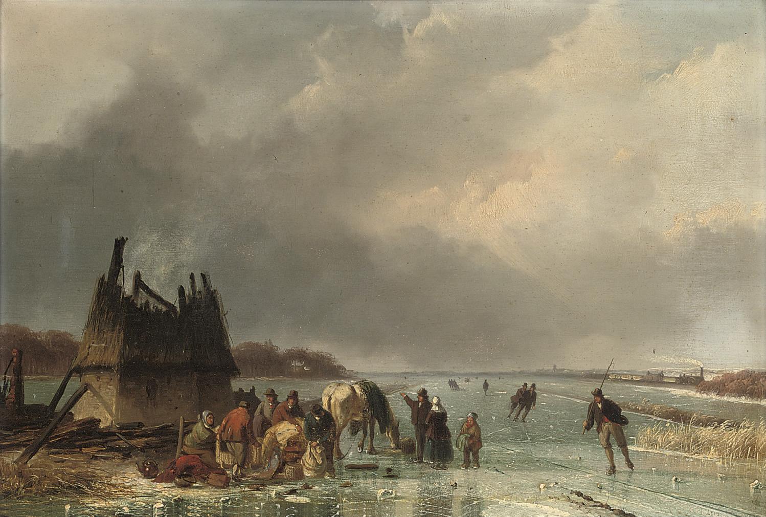 Nicolaas Johannes Roosenboom - Skaters by a burnt out hut
