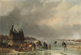 Nicolaas Johannes Roosenboom - Skaters by a burnt out hut