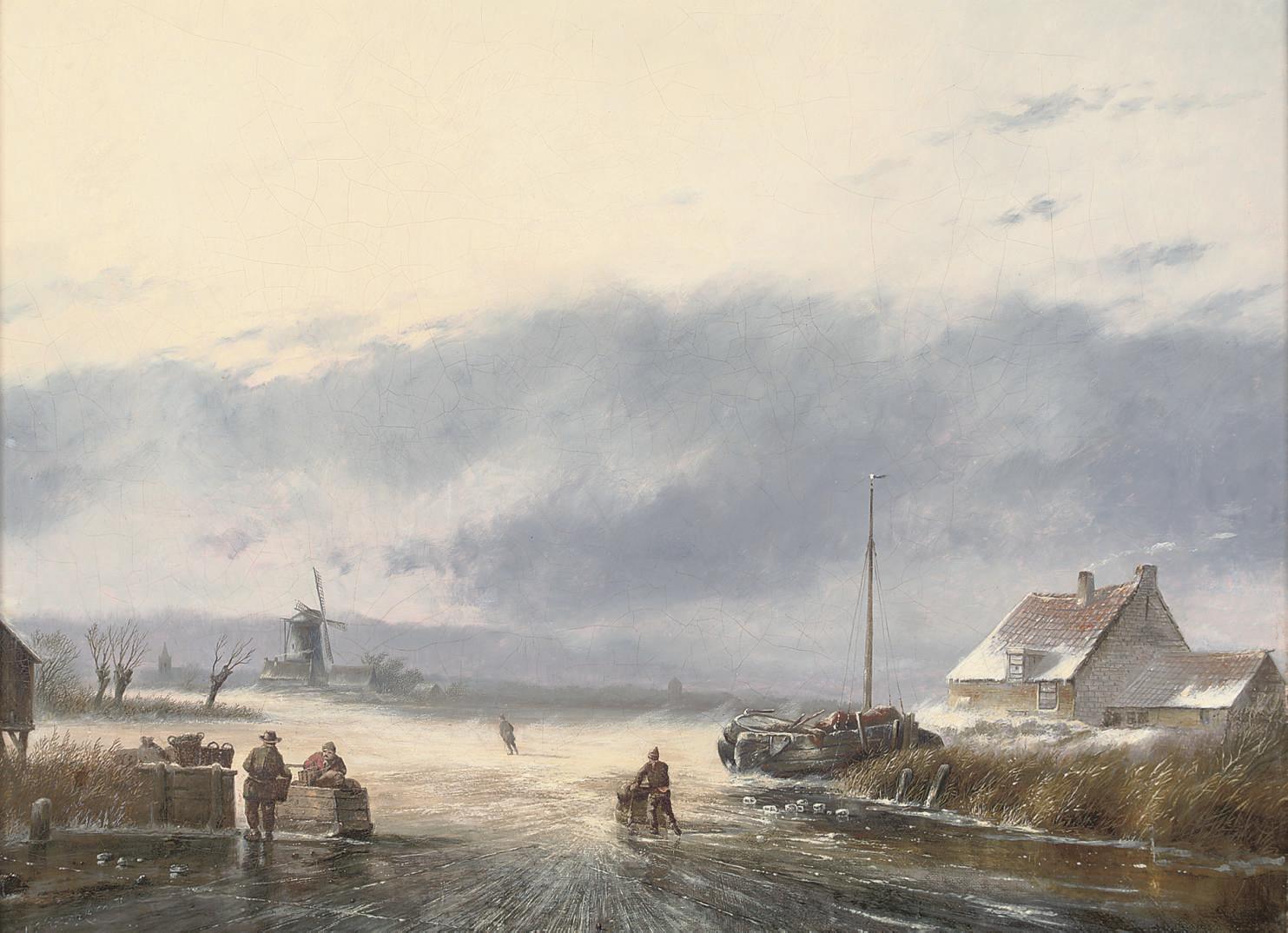 Nicolaas Johannes Roosenboom - Skaters on a Dutch waterway