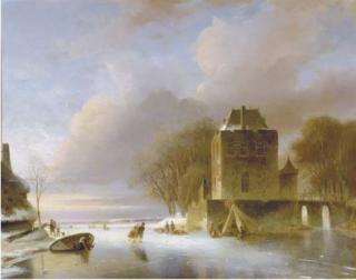 Nicolaas Johannes Roosenboom - Skaters on a frozen river with a koek en zopie by a mansion