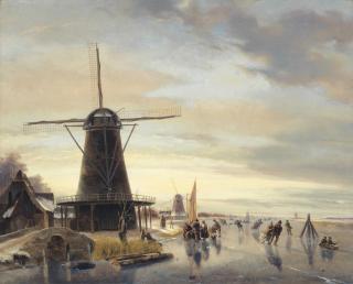 Nicolaas Johannes Roosenboom - Skaters on a frozen Waterway