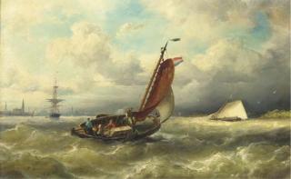 Nicolaas Riegen - A barge from Marken on the IJ, Amsterdam in the distance