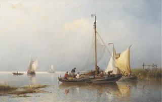 Nicolaas Riegen - A calm: fishermen inspecting their catch
