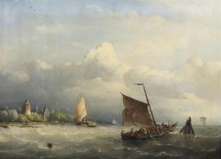 Nicolaas Riegen - A fishing boat mooring in choppy waters, a castle nearby