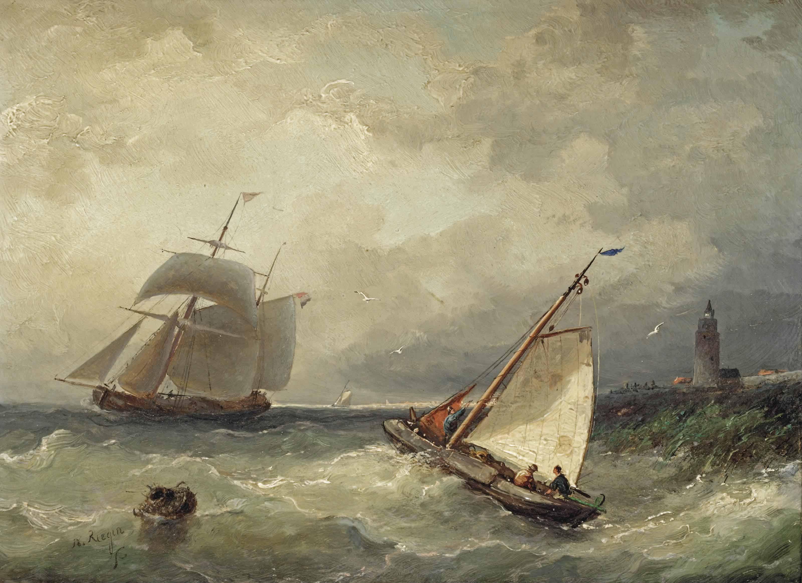 Nicolaas Riegen - A stiff breeze with a flatboat and a two-master near the Dutch coast