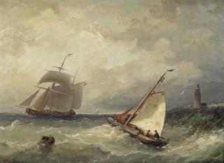 Nicolaas Riegen - A stiff breeze with a flatboat and a two-master near the Dutch coast