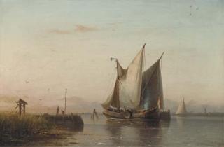 Nicolaas Riegen - Sailing vessels in a calm estuary at dusk