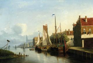 Nicolaas Riegen - Sailingvessel Along A Quay, A Church Towering In The Distance
