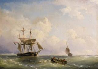 Nicolaas Riegen - Sailor\'s in a rowing boat in choppy seas, a threemaster riding at anchor beyond