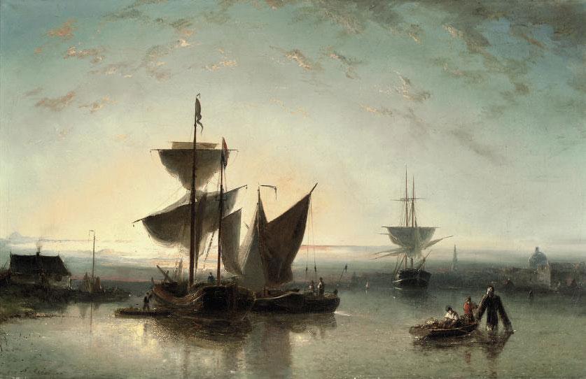 Nicolaas Riegen - Shipping on a calm near a harbour