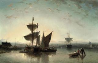 Nicolaas Riegen - Shipping on a calm near a harbour