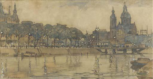 Nicolaas van der Waay - Central station and the St Nicolaas church, Amsterdam, in the evening