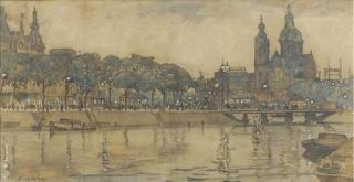 Nicolaas van der Waay - Central station and the St Nicolaas church, Amsterdam, in the evening