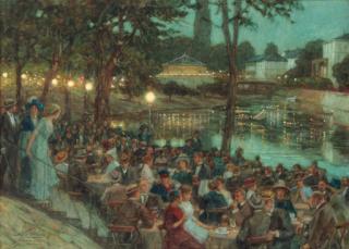 Nicolaas Van Der Waay - Kreuznach Kaiseralle: elegant figures on a terrace by a lake