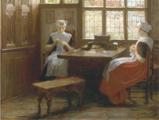 Nicolaas Van der Waay - Rustige arbeid: orphan girls knitting by a window