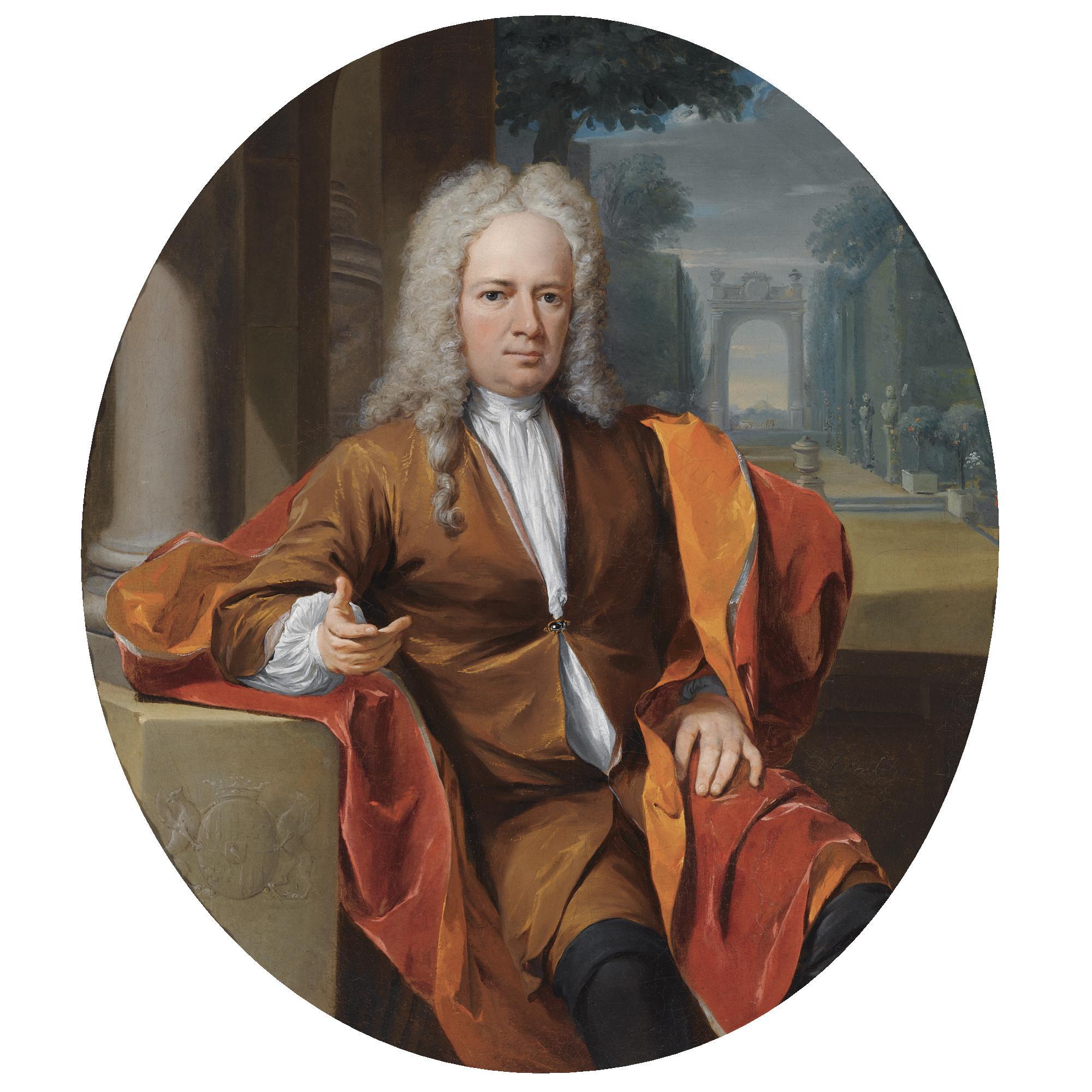 Nicolaas Verkolje - A Portrait Of Jacob Jozias Van Bredehoff (1677-1748), Seated Three-Quarter Length, Wearing A Brown Coat With A White Chemise And A Red And Orange Cloak, In A Formal Garden