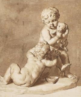 Nicolaas Verkolje - Two children and a dog, after a sculpture possibly by François Duquesnoy; A partial study of the same subject