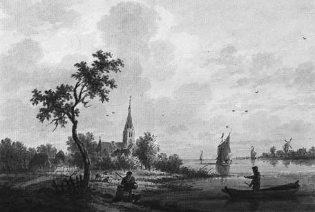 Nicolaas Wicart - Fishermen and shipping on a river, a village beyond