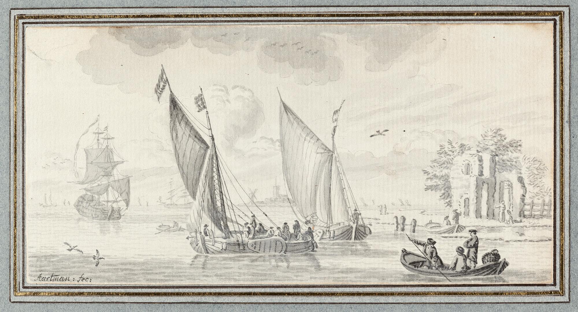 Nicolaes Aartman - Segelschiffe und ein Ruderboot vor einer Küste mit einer Ruine