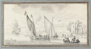Nicolaes Aartman - Segelschiffe und ein Ruderboot vor einer Küste mit einer Ruine
