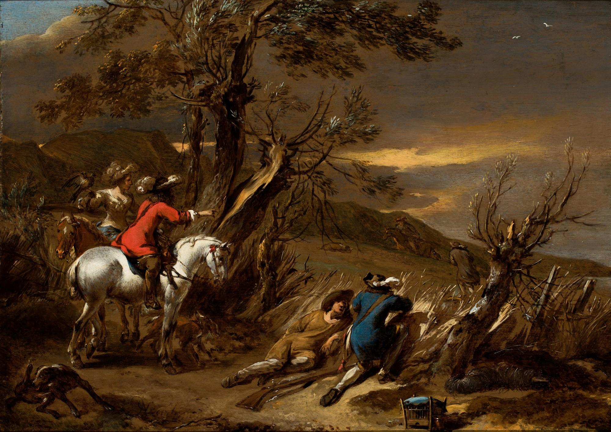 Nicolaes Berchem - A falconry party in a landscape