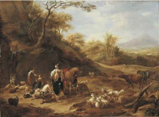Nicolaes Berchem - An extensive wooded landscape with the meeting of Granida and Daifilo