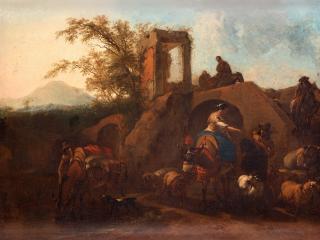 Nicolaes Berchem - An Italiante landscape with a lady on a donkey, shepherds and sheeps