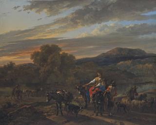 Nicolaes Berchem - An Italiante Landscape With Shepherds, Cows And Sheep