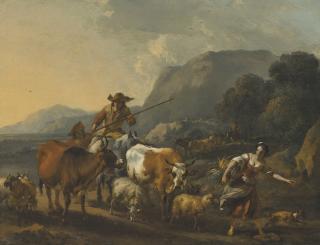 Nicolaes Berchem - An Italienate landscape with drovers