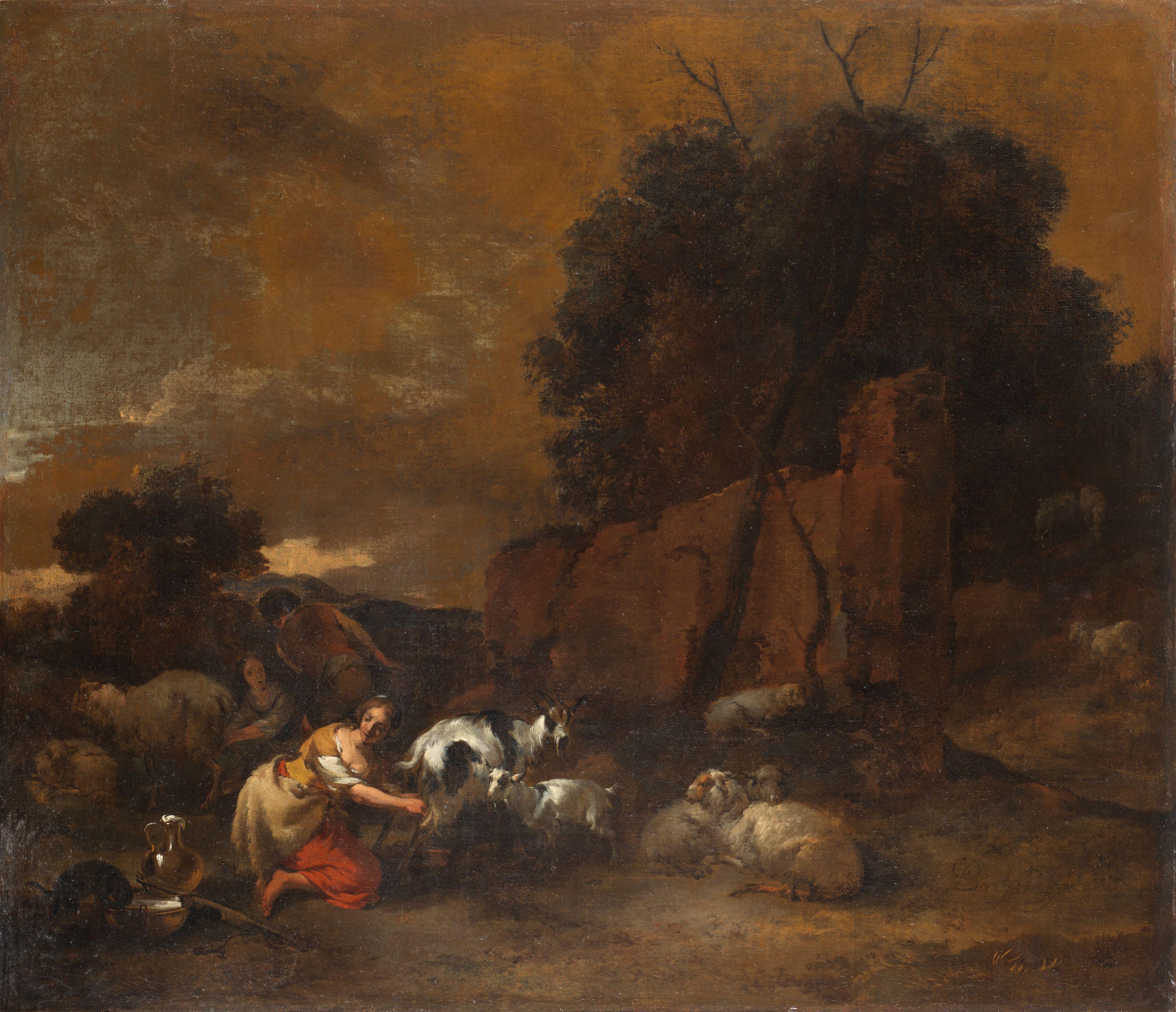 Nicolaes Berchem - Peasants milking goats at dusk