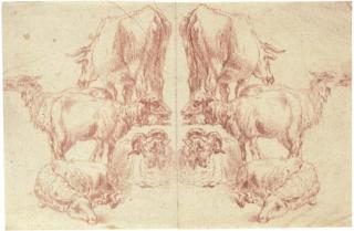 Nicolaes Claesz. Berchem - A cow and four sheep, with a counterproof of the same to the left