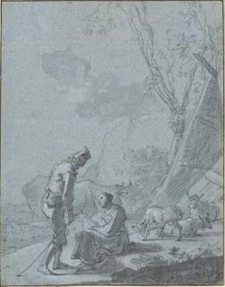 Nicolaes Claesz. Berchem - A young shepherd and shepherdess in a landscape with a flock