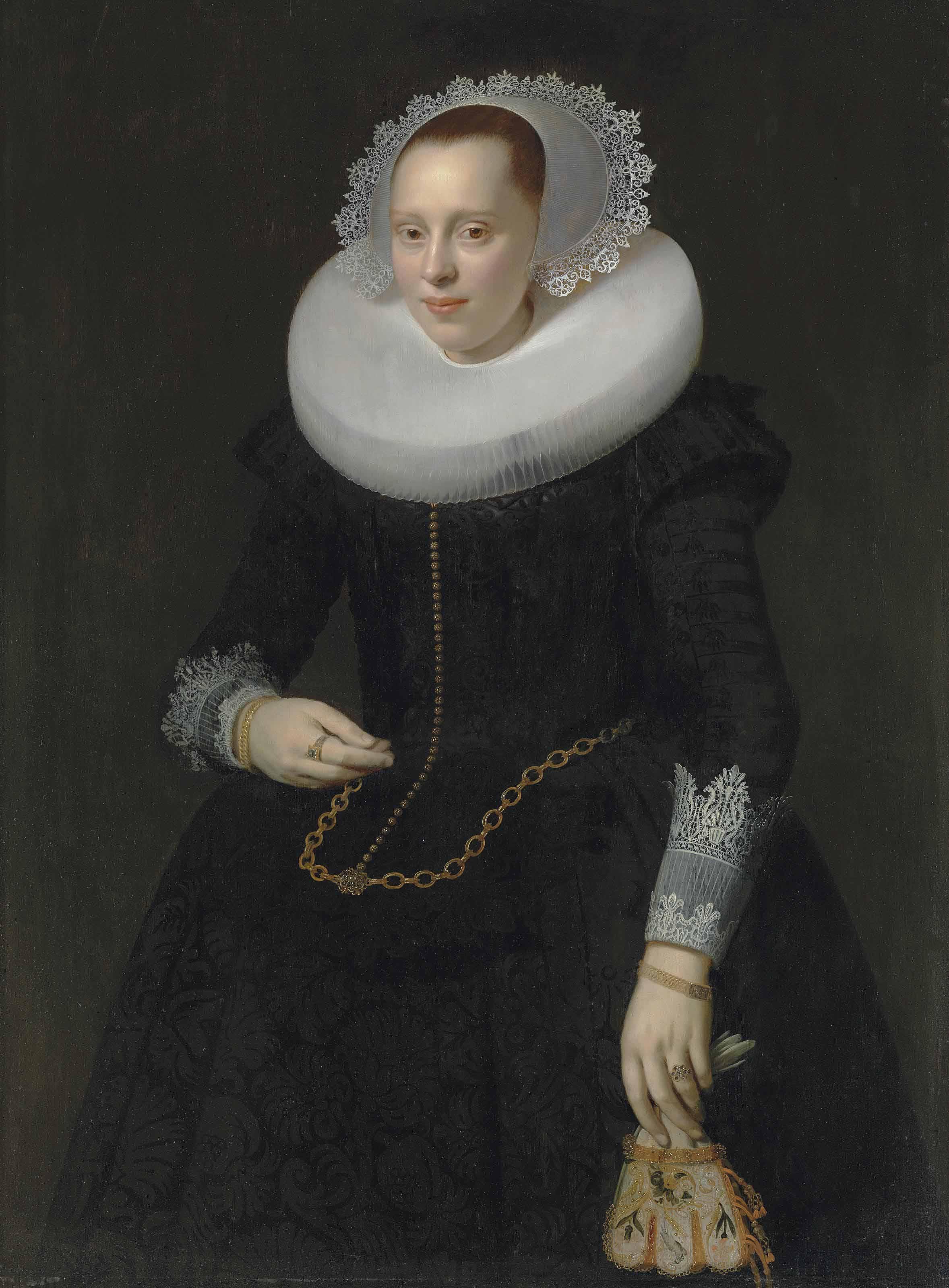 Nicolaes Eliasz. Pickenoy - Portrait Of A Lady, Three-Quarter-Length, In A Black Embroidered Dress, Ruff And Lace Cuffs, Holding A Pair Of Embroidered Gloves