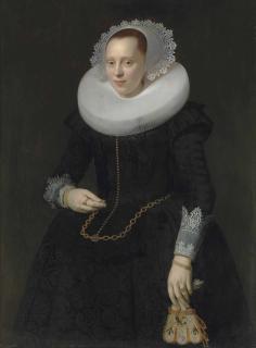 Nicolaes Eliasz. Pickenoy - Portrait Of A Lady, Three-Quarter-Length, In A Black Embroidered Dress, Ruff And Lace Cuffs, Holding A Pair Of Embroidered Gloves