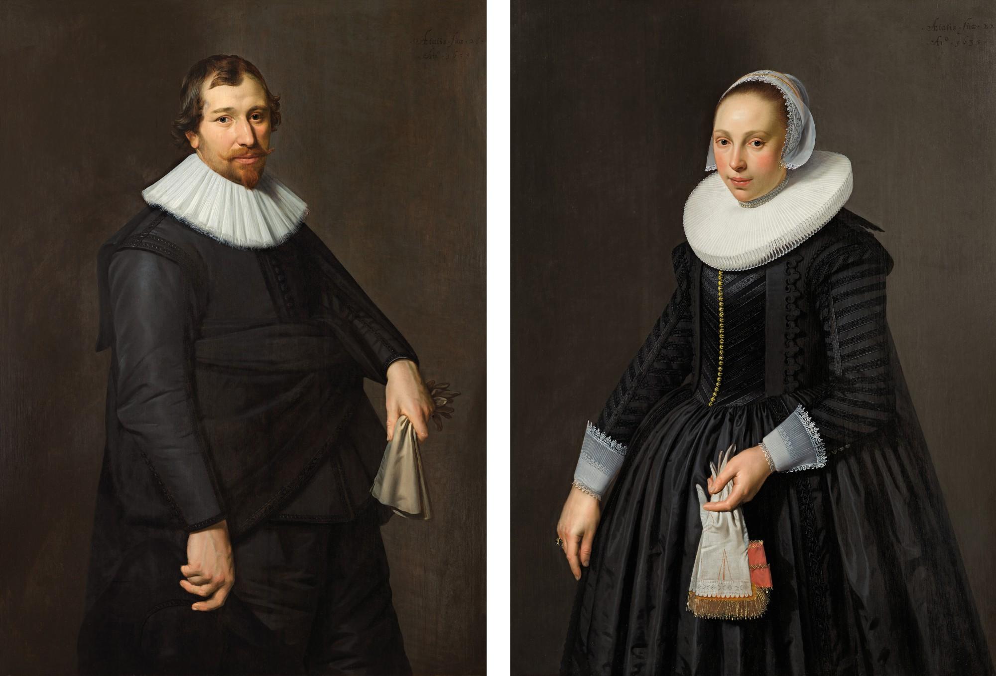 Nicolaes Eliasz. Pickenoy - Portrait of a man in black holding a pair of kid leather gloves; Portrait of a lady in black holding a pair of kid leather and coral silk gloves