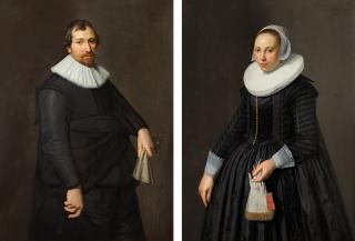 Nicolaes Eliasz. Pickenoy - Portrait of a man in black holding a pair of kid leather gloves; Portrait of a lady in black holding a pair of kid leather and coral silk gloves