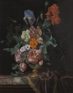 Nicolaes Lachtropius - Still Life Of Flowers In An Ornate Vase On A Marble Ledge Draped With A Cloth Trimmed With Gold Braid