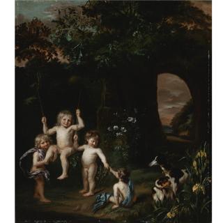 Nicolaes Maes - Children Playing With A Swing In A Classical Garden Setting