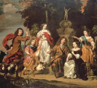 Nicolaes Maes - Group portrait of a family in an Italianate garden with an ornate fountain
