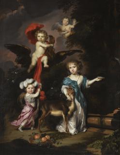 Nicolaes Maes - Pastoral Family Portrait Of Four Children, Personifying Mythological Figures, Including Ganymede, And Diana With A Deer, All In A Landscape