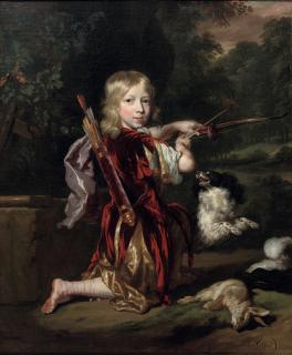 Nicolaes Maes - Portrait of a boy, full-length, in a classial style costume, drawing a bow