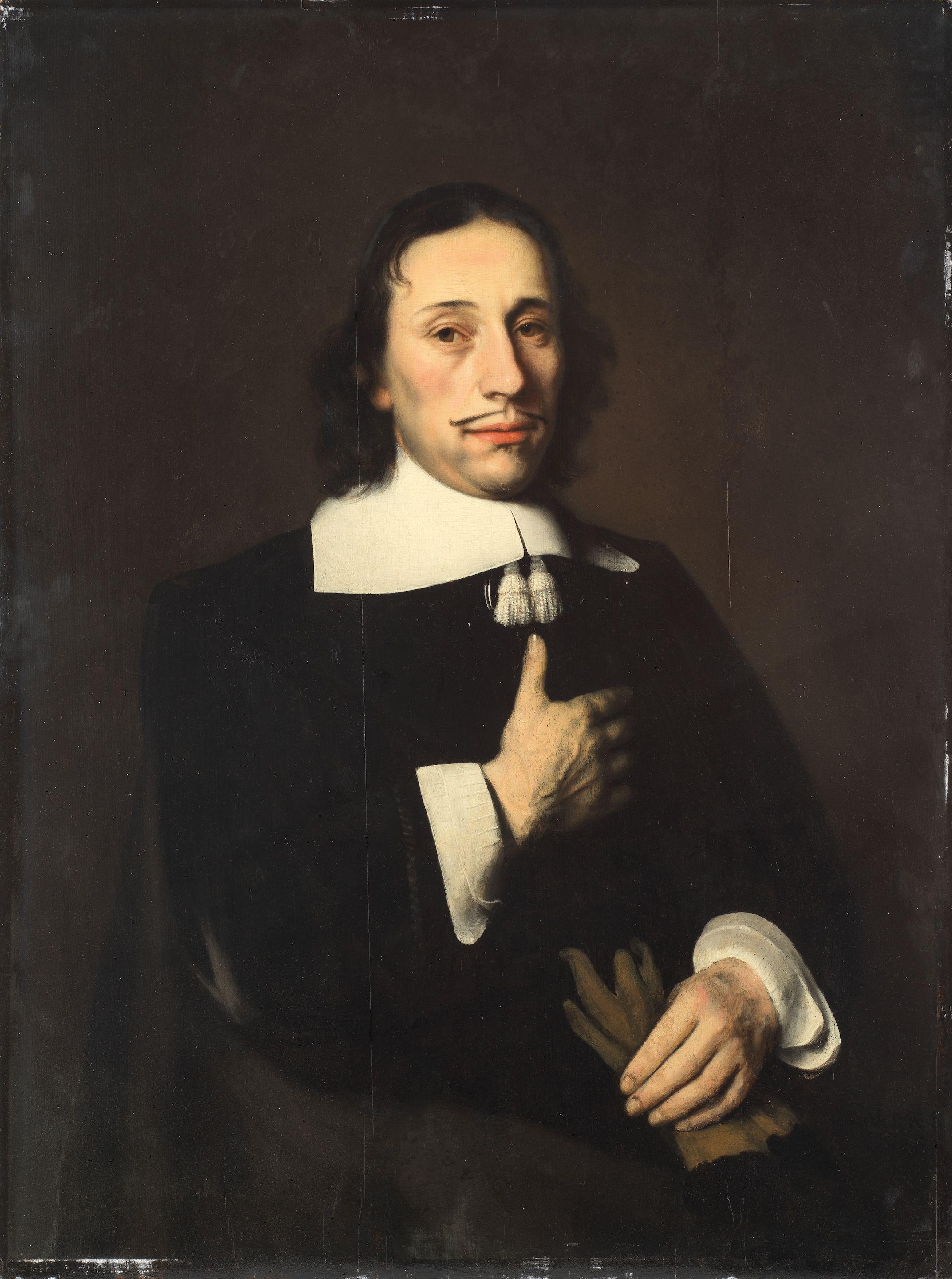 Nicolaes Maes - Portrait of a gentleman, half-length, holding a pair of gloves