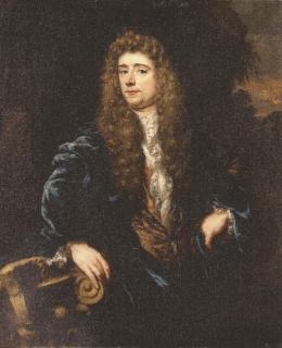 Nicolaes Maes - Portrait of a gentleman, half-length, in a blue jacket and a gold-embroidered waistcoat, his right hand resting on a ruined capital, a landscape beyond