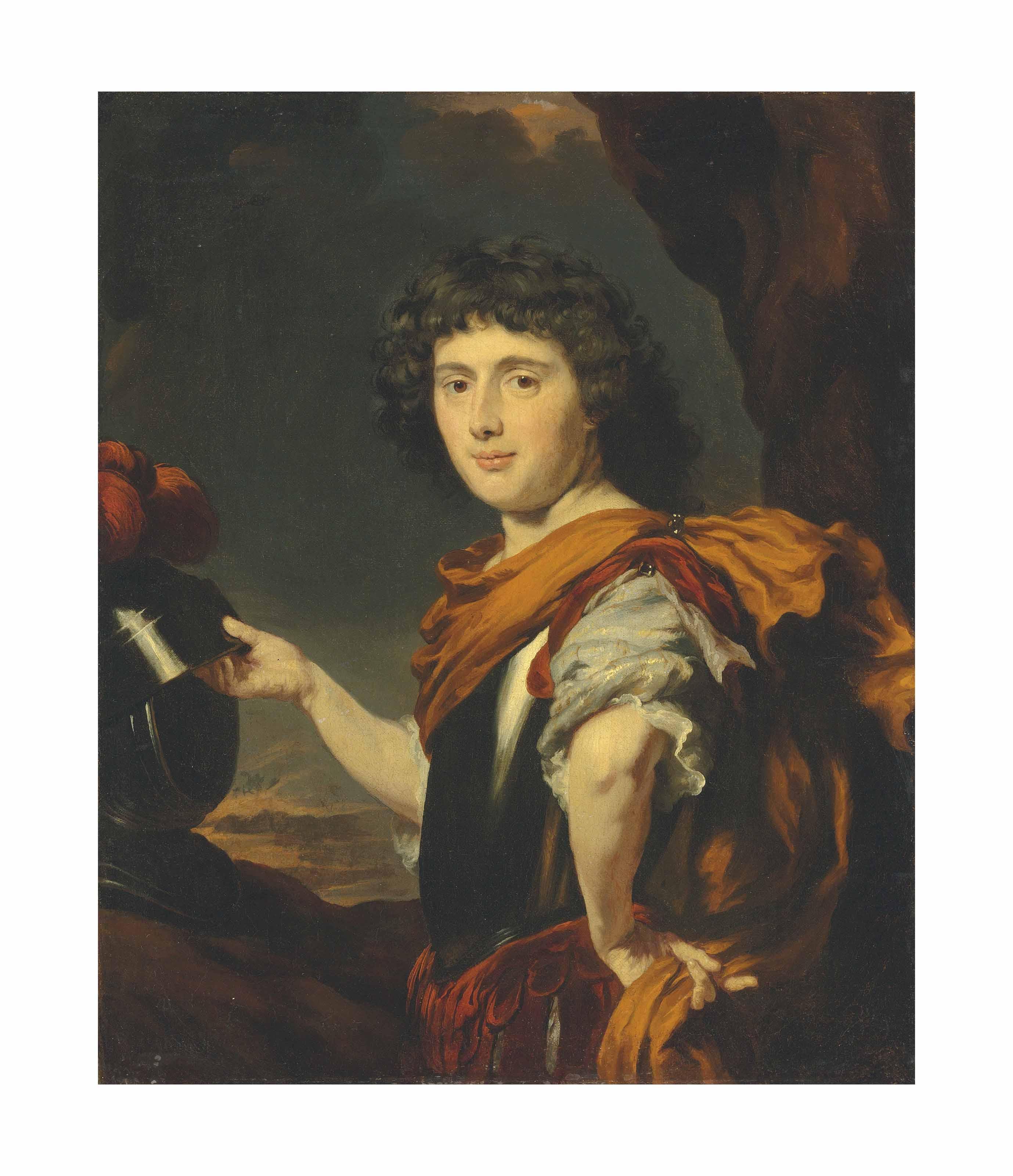 Nicolaes Maes - Portrait of a gentleman, half-length, in a breast plate, a plumed helmet in his right hand, in a landscape