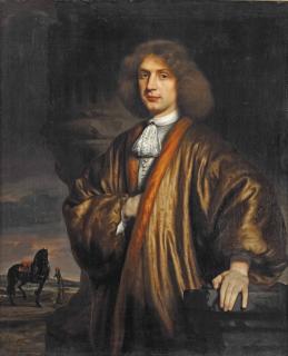 Nicolaes Maes - Portrait Of A Gentleman, Half-Length, In A \'Japonsche Rock\', A Black Stallion Tethered To A Post In An Open Landscape Beyond