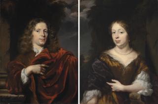 Nicolaes Maes - Portrait of a gentleman, half-length, in a red mantle, beside a column; and Portrait of a lady, half-length, in a golden dress with a blue mantle, and pearls, in a landscape